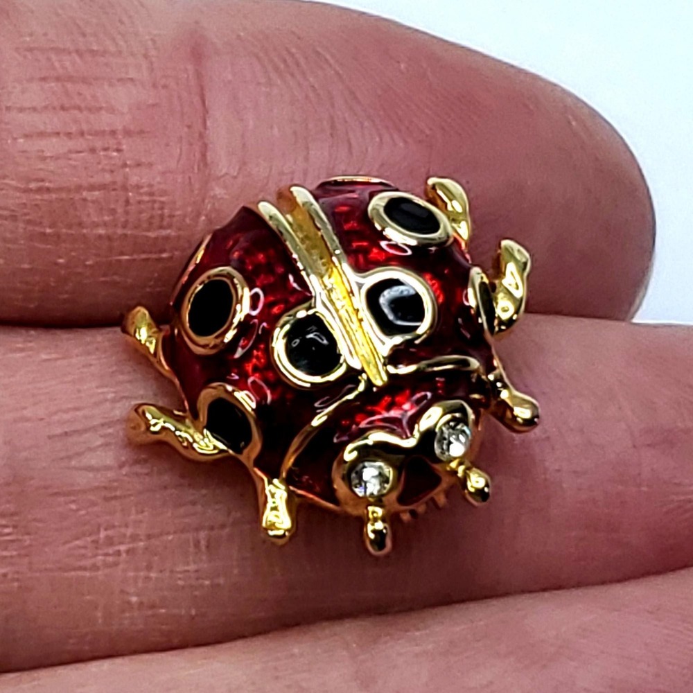 Small Ladybug Brooch Pin In Red & Gold With Rhinestone Eye 3/4 inch - Picture 9 of 10
